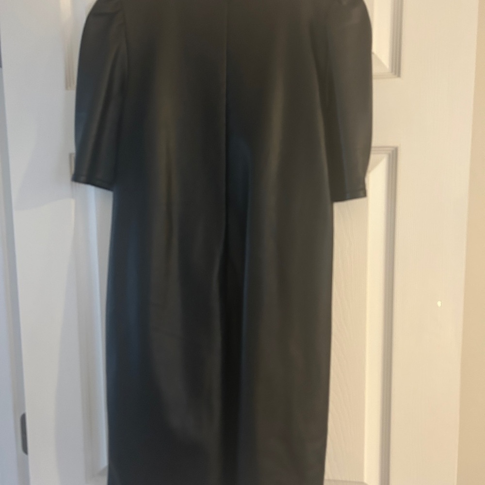 LOFT Black Faux Leather Dress with Puff Sleeves - Picture 4 of 5